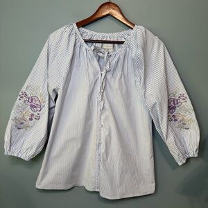 Cupio Button Up Blue White Striped Blouse Floral Embroidered Puff Sleeve. Med
